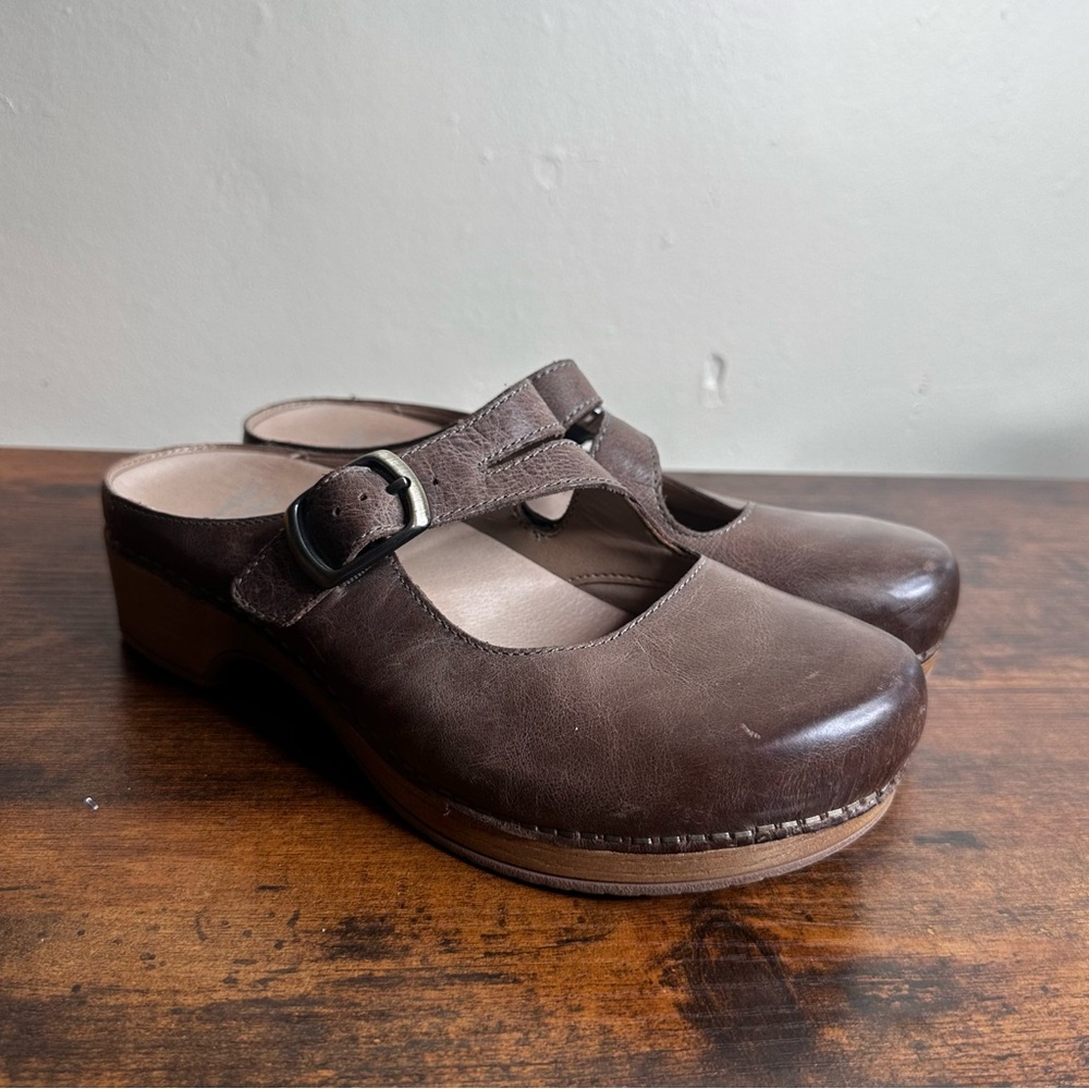 Dansko Brown Leather Mary Jane Mules with Buckle